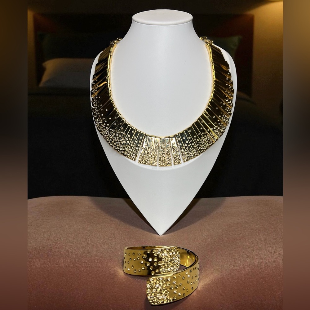 St. John Gold-Tone Crystal Collar Necklace & Wrap Bangle Bracelet Set, NWT!